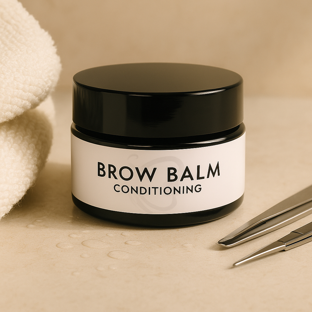 Brow Balm conditioning jar beside tweezers and towel, offering soothing aftercare for brows following lamination or other treatments