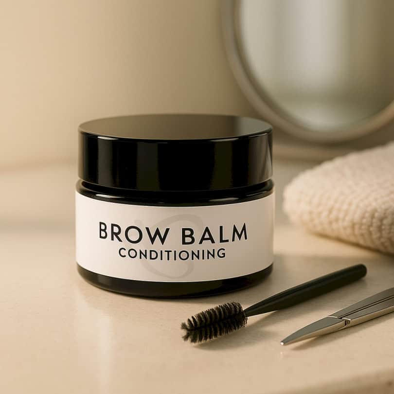 Brow Balm conditioning jar placed with a spoolie and tweezers, designed to nourish, protect, and soften brows with natural emollients