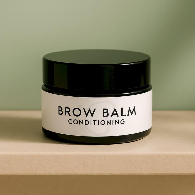 Brow Balm conditioning jar with black lid on a green background, formulated with organic butters and oils to hydrate and repair delicate brow hairs