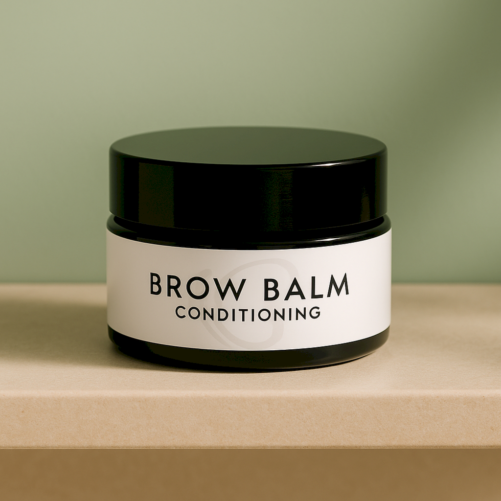 Brow Balm conditioning jar with black lid on a green background, formulated with organic butters and oils to hydrate and repair delicate brow hairs