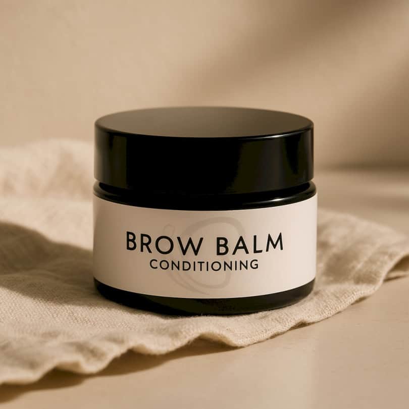 Brow Balm conditioning jar with black lid on a neutral fabric, designed to deeply soften and nourish eyebrow hair after treatments like lamination