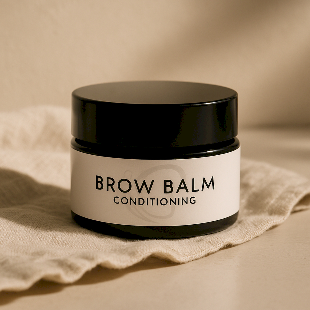 Brow Balm conditioning jar with black lid on a neutral fabric, designed to deeply soften and nourish eyebrow hair after treatments like lamination
