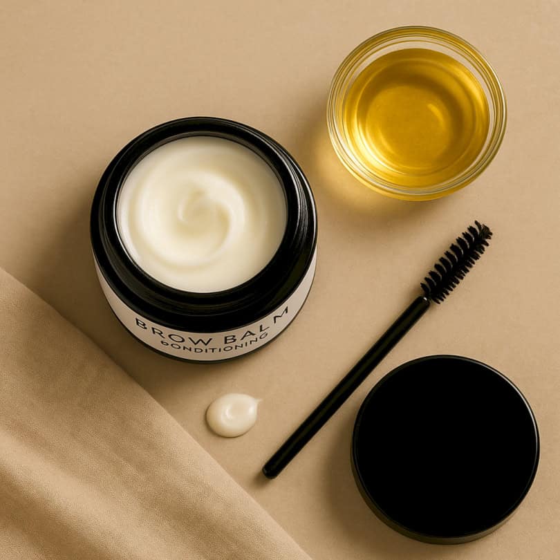 Open Brow Balm jar with creamy formula shown, spoolie and oil bowl beside, highlighting the rich, nourishing texture for deep brow conditioning