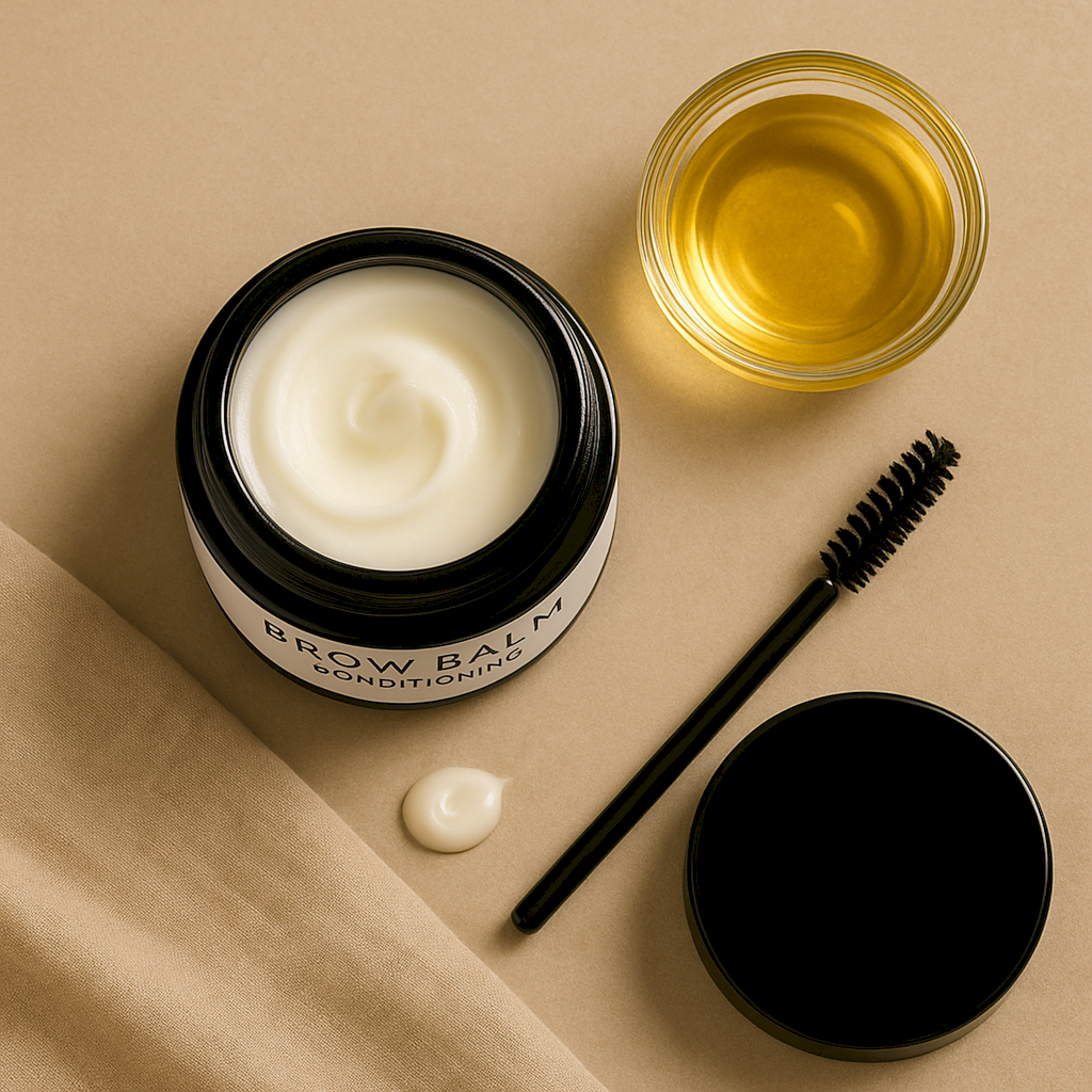 Open Brow Balm jar with creamy formula shown, spoolie and oil bowl beside, highlighting the rich, nourishing texture for deep brow conditioning