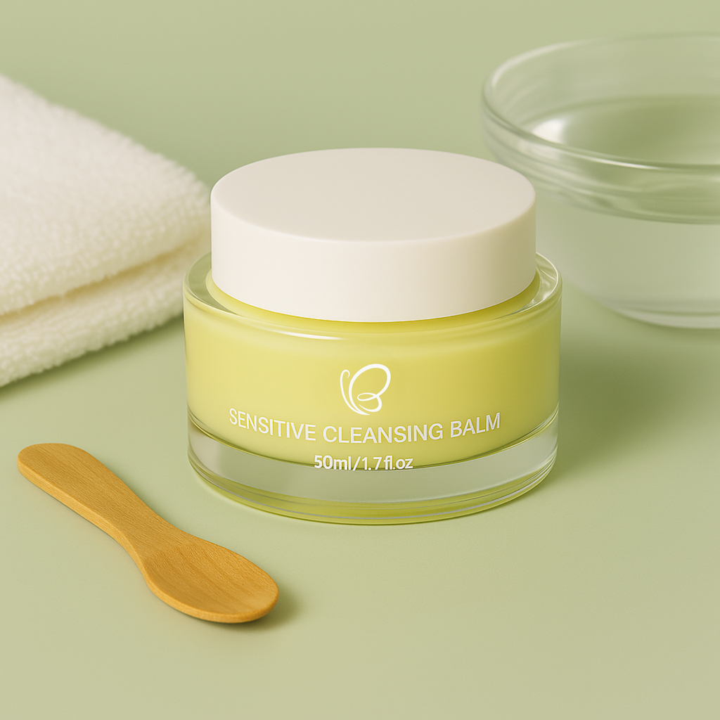 Sensitive Cleansing Balm 50ml jar placed next to a bamboo spatula, white towel, and glass bowl, styled for a calming skincare ritual