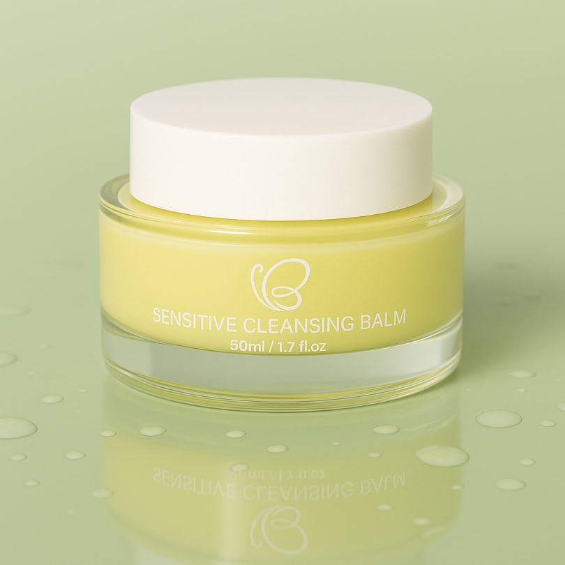 Sensitive Cleansing Balm 50ml jar on a green surface with water droplets, styled to emphasise lightweight hydration and skincare benefits