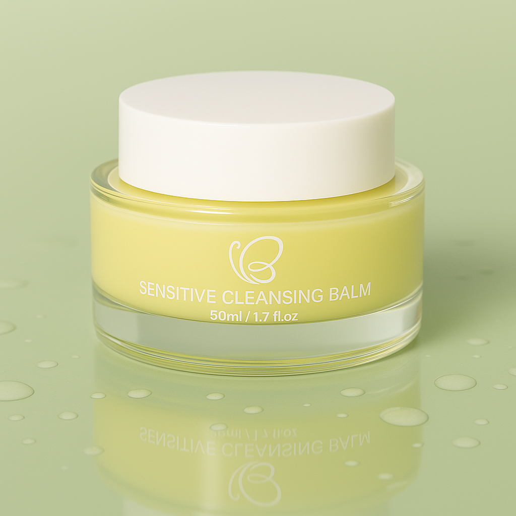 Sensitive Cleansing Balm 50ml jar on a green surface with water droplets, styled to emphasise lightweight hydration and skincare benefits