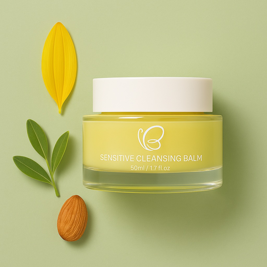 Sensitive Cleansing Balm 50ml jar with almond, sunflower petal, and leaves styled flat lay on a green background, showcasing natural key ingredients