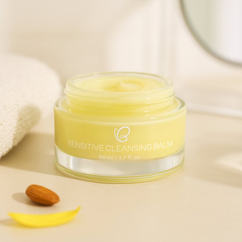 Sensitive Cleansing Balm 50ml jar open on a bathroom surface, styled with almond and sunflower petal beside a mirror and towel
