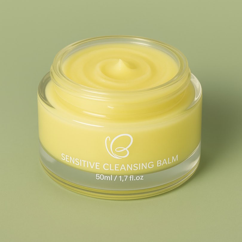 Open jar of Sensitive Cleansing Balm 50ml with a rich yellow balm texture, styled on a green background to emphasise formula detail