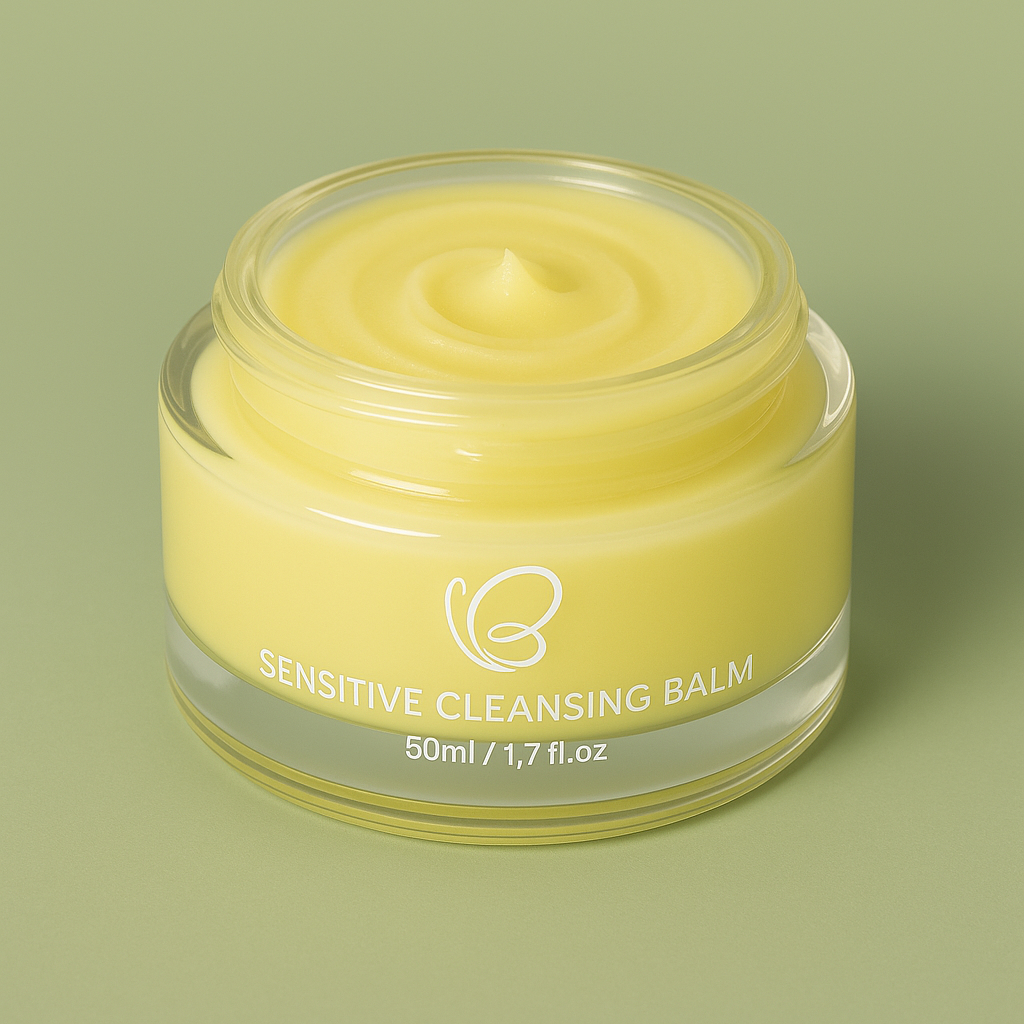 Open jar of Sensitive Cleansing Balm 50ml with a rich yellow balm texture, styled on a green background to emphasise formula detail