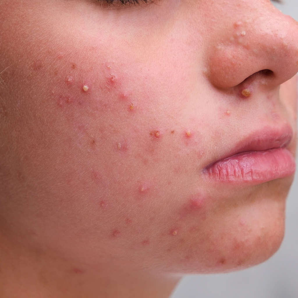 Close-up image of a client's cheek, before her acne treatment, highlighting the before and after effectiveness of Nicola McLaughlin’s Acne Treatment therapy.